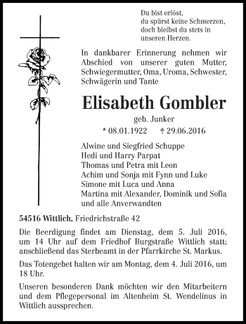 Traueranzeige von Elisabeth Gombler von trierischer_volksfreund