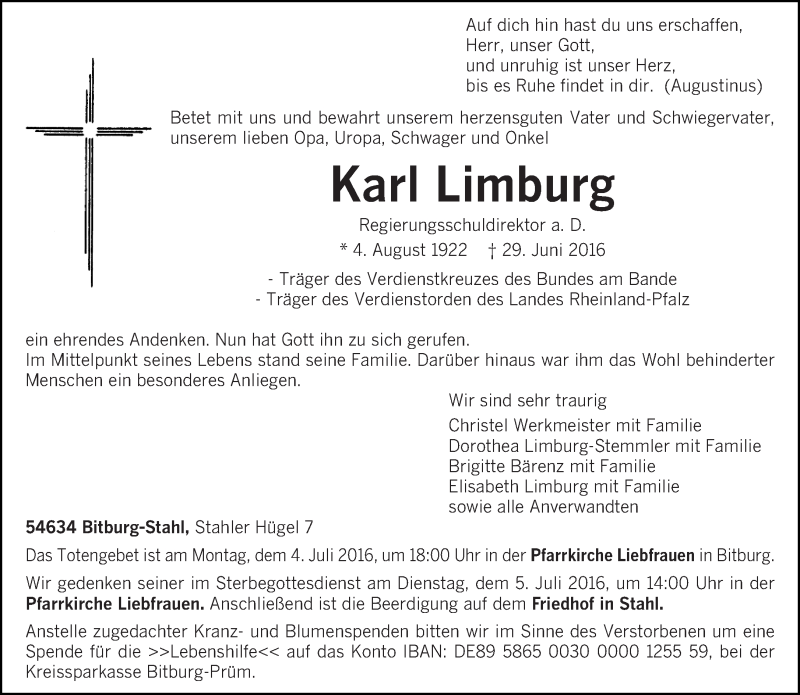  Traueranzeige für Karl Limburg vom 01.07.2016 aus trierischer_volksfreund