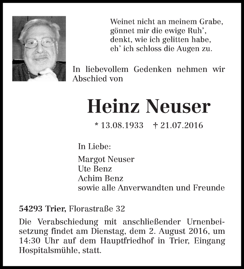  Traueranzeige für Heinz Neuser vom 28.07.2016 aus trierischer_volksfreund