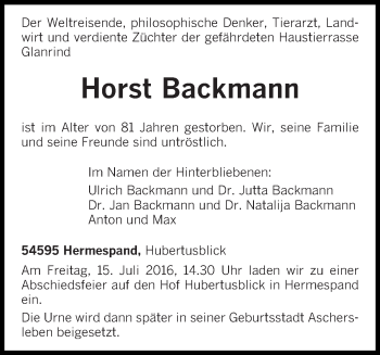 Traueranzeige von Horst Backmann von trierischer_volksfreund