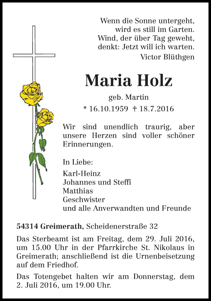  Traueranzeige für Maria Holz vom 25.07.2016 aus trierischer_volksfreund