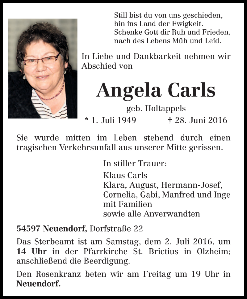  Traueranzeige für Angela Carls vom 30.06.2016 aus trierischer_volksfreund