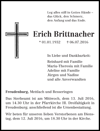 Traueranzeige von Erich Brittnacher von trierischer_volksfreund