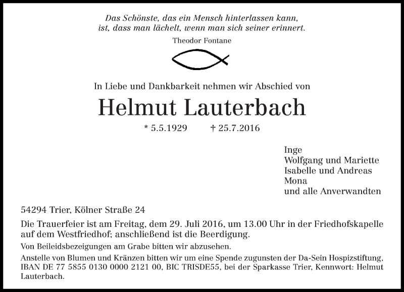  Traueranzeige für Helmut Lauterbach vom 27.07.2016 aus trierischer_volksfreund