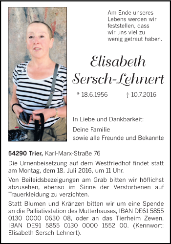 Traueranzeige von Elisabeth Sersch-Lehnert von trierischer_volksfreund