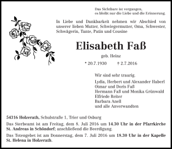 Traueranzeige von Elisabeth Faß von trierischer_volksfreund