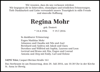 Traueranzeige von Regina Mohr von trierischer_volksfreund