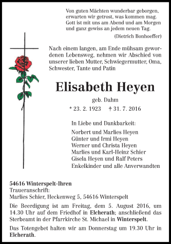 Traueranzeige von Elisabeth Heyen von trierischer_volksfreund