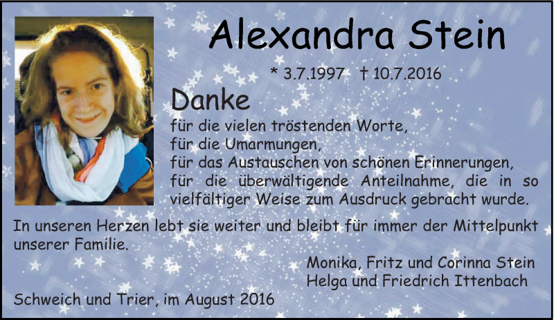  Traueranzeige für Alexandra Stein vom 20.08.2016 aus trierischer_volksfreund