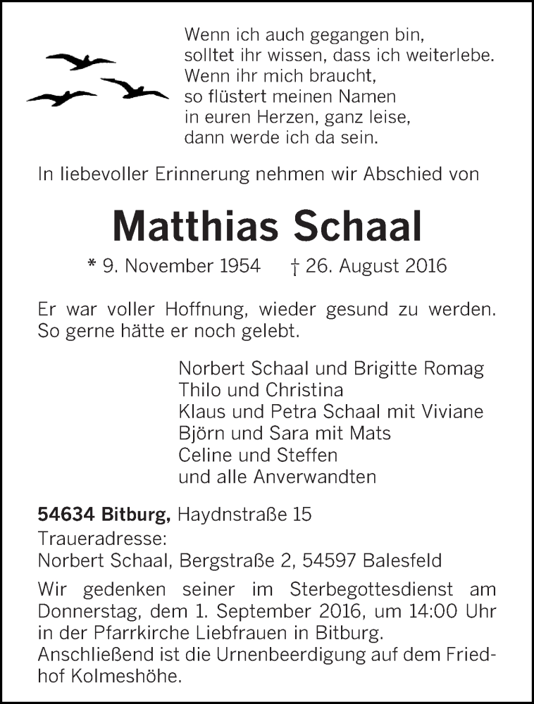  Traueranzeige für Matthias Schaal vom 27.08.2016 aus trierischer_volksfreund
