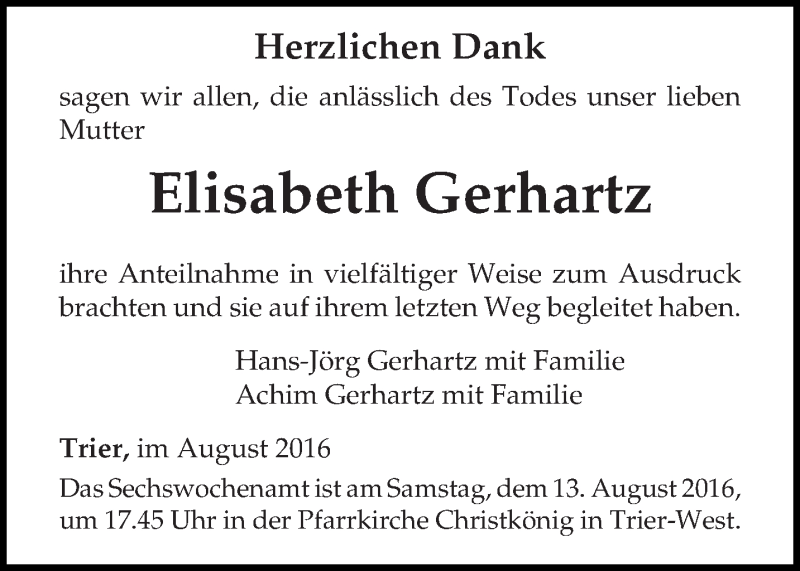  Traueranzeige für Elisabeth Gerhartz vom 08.08.2016 aus trierischer_volksfreund