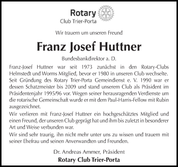 Traueranzeige von Franz Josef Huttner von trierischer_volksfreund