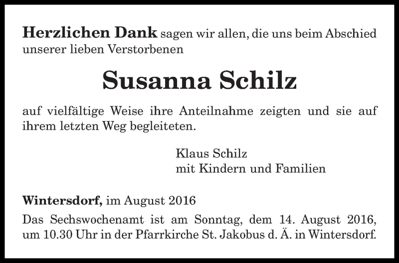  Traueranzeige für Susanna Schilz vom 09.08.2016 aus trierischer_volksfreund