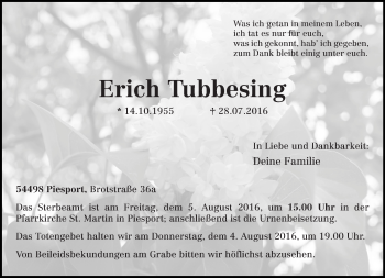Traueranzeige von Erich Tubbesing von trierischer_volksfreund