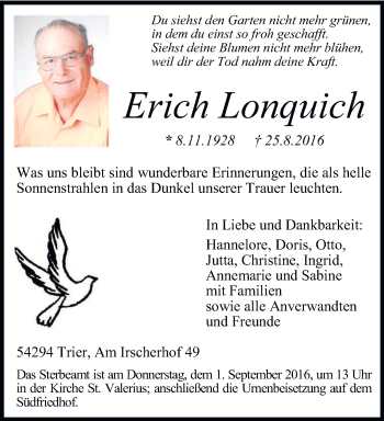 Traueranzeige von Erich Lonquich von trierischer_volksfreund