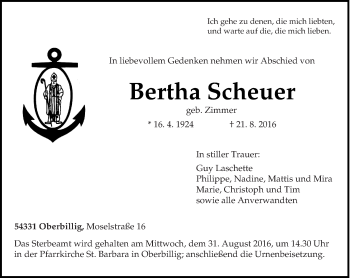 Traueranzeige von Bertha Scheuer von trierischer_volksfreund