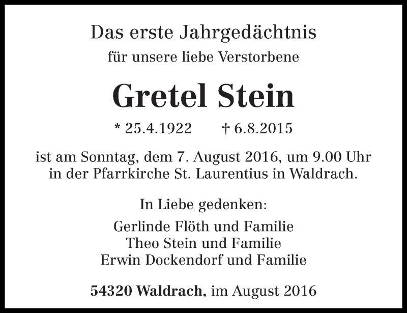  Traueranzeige für Gretel Stein vom 03.08.2016 aus trierischer_volksfreund
