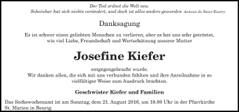 Traueranzeige von Josefine Kiefer von trierischer_volksfreund
