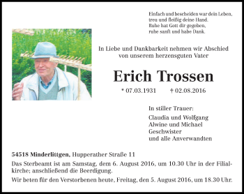 Traueranzeige von Erich Trossen von trierischer_volksfreund