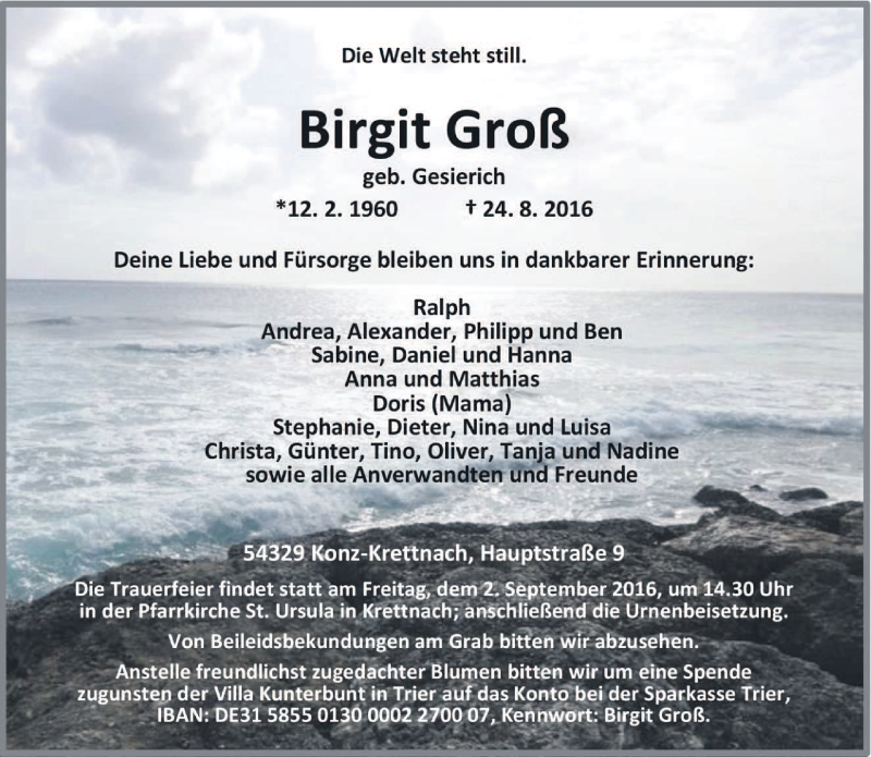  Traueranzeige für Birgit Groß vom 30.08.2016 aus trierischer_volksfreund