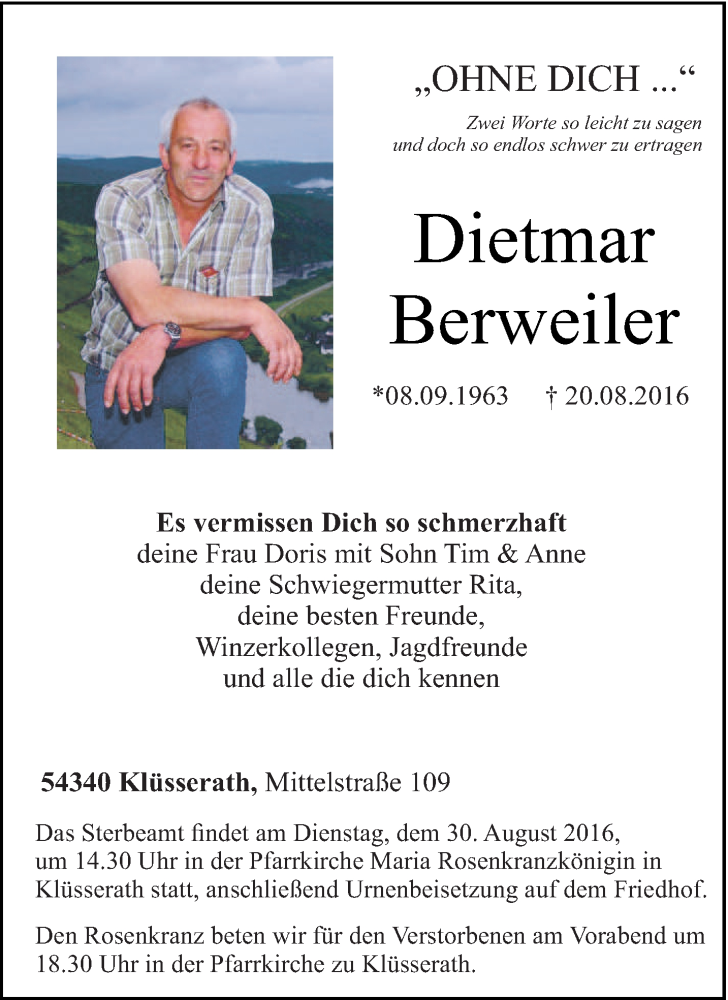  Traueranzeige für Dietmar Berweiler vom 27.08.2016 aus trierischer_volksfreund