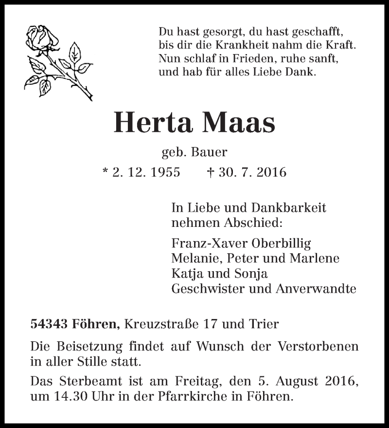  Traueranzeige für Herta Maas vom 03.08.2016 aus trierischer_volksfreund