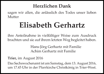 Traueranzeige von Elisabeth Gerhartz von trierischer_volksfreund