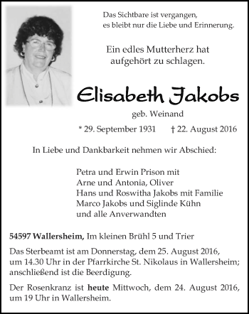 Traueranzeige von Elisabeth Jakobs von trierischer_volksfreund