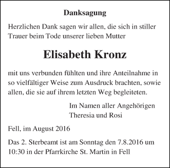 Traueranzeige von Elisabeth Kronz von trierischer_volksfreund