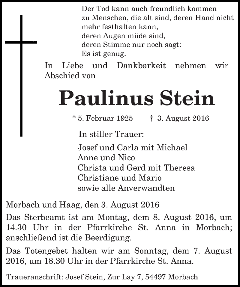  Traueranzeige für Paulinus Stein vom 06.08.2016 aus trierischer_volksfreund