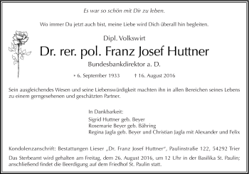 Traueranzeige von Franz Josef Huttner von trierischer_volksfreund
