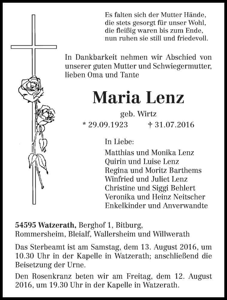  Traueranzeige für Maria Lenz vom 10.08.2016 aus trierischer_volksfreund