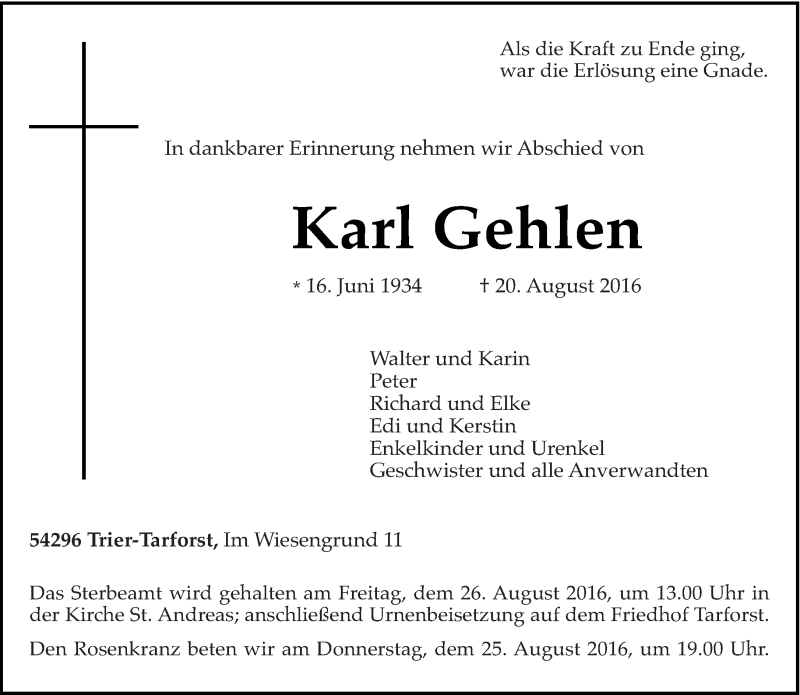  Traueranzeige für Karl Gehlen vom 23.08.2016 aus trierischer_volksfreund
