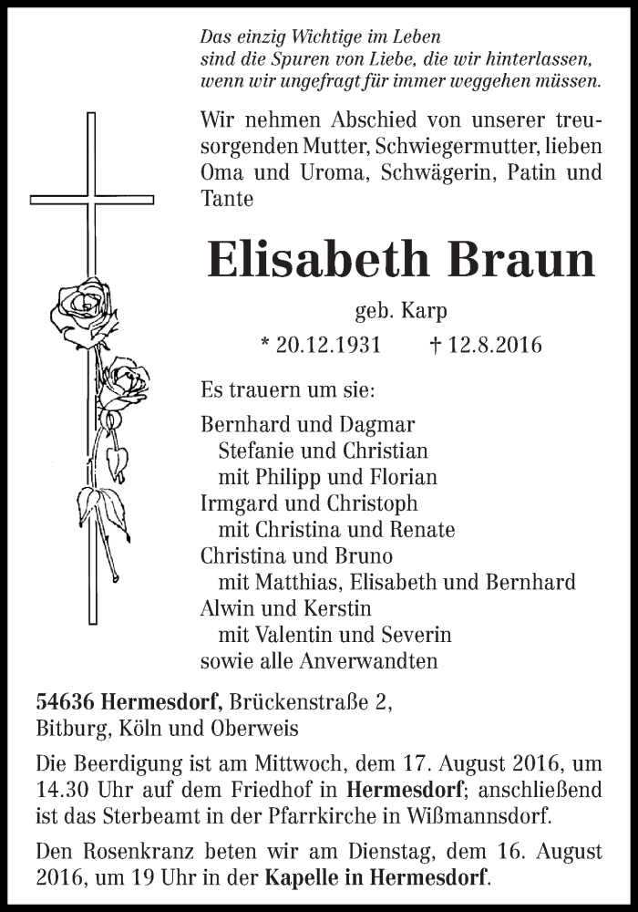  Traueranzeige für Elisabeth Braun vom 15.08.2016 aus trierischer_volksfreund