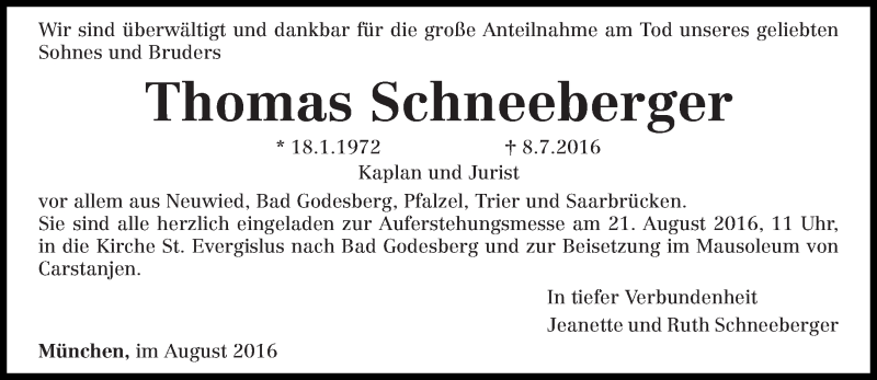  Traueranzeige für Thomas Schneeberger vom 19.08.2016 aus trierischer_volksfreund
