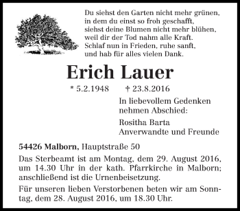 Traueranzeige von Erich Lauer von trierischer_volksfreund
