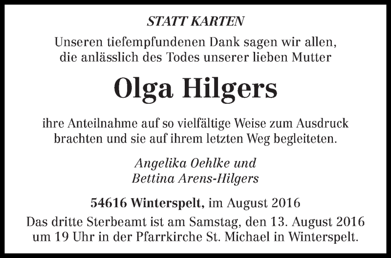  Traueranzeige für Olga Hilgers vom 08.08.2016 aus trierischer_volksfreund