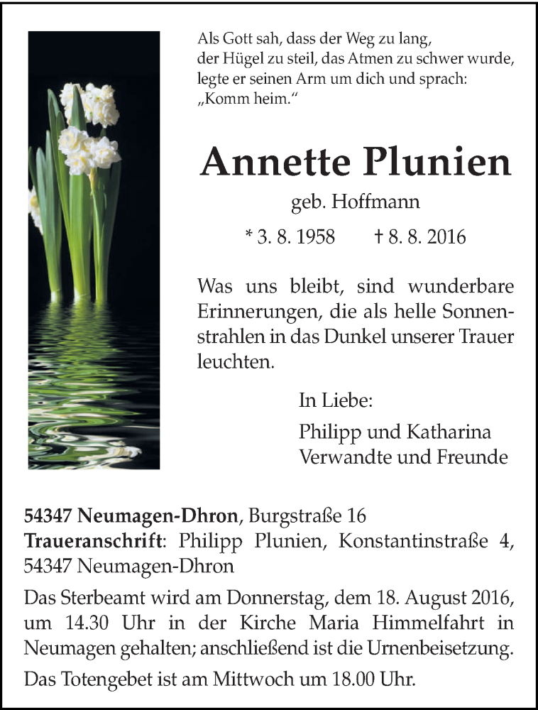  Traueranzeige für Annette Plunien vom 13.08.2016 aus trierischer_volksfreund