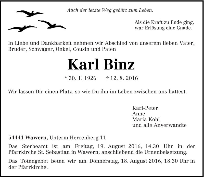  Traueranzeige für Karl Binz vom 16.08.2016 aus trierischer_volksfreund