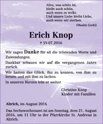Traueranzeige von Erich Knop von trierischer_volksfreund