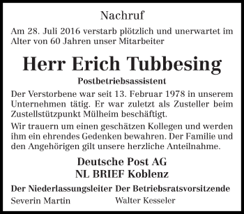 Traueranzeige von Erich Tubbesing von trierischer_volksfreund