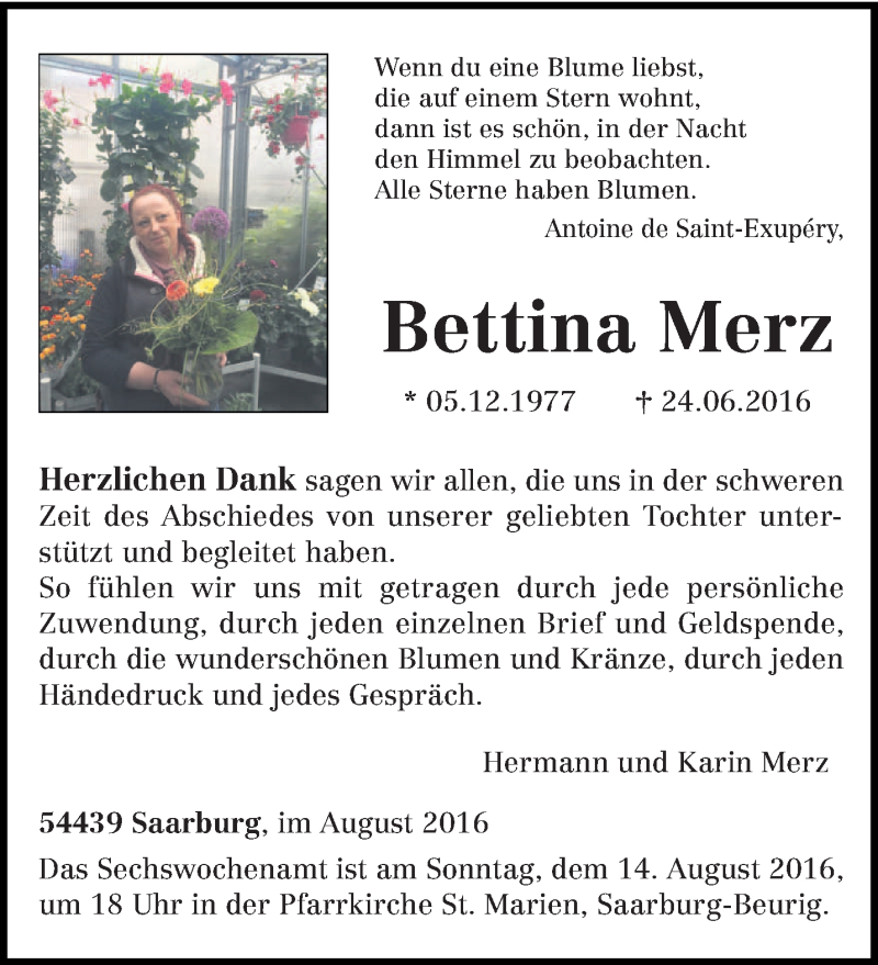  Traueranzeige für Bettina Merz vom 10.08.2016 aus trierischer_volksfreund