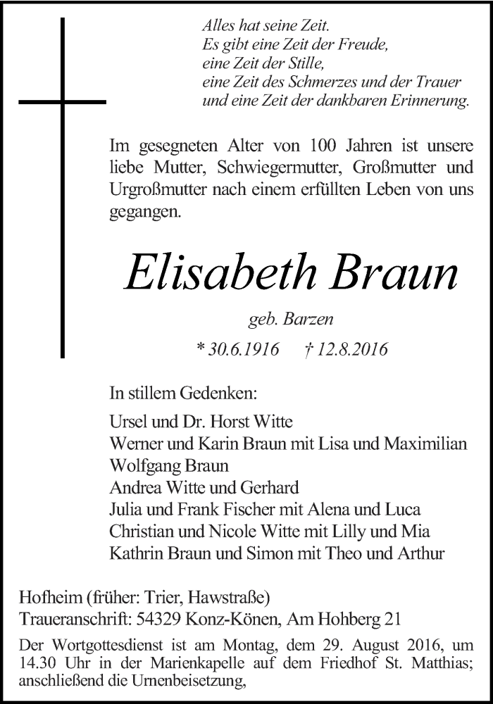  Traueranzeige für Elisabeth Braun vom 20.08.2016 aus trierischer_volksfreund