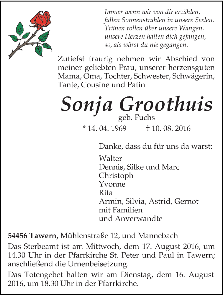  Traueranzeige für Sonja Groothuis vom 13.08.2016 aus trierischer_volksfreund
