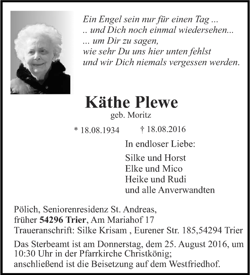  Traueranzeige für Käthe Plewe vom 22.08.2016 aus trierischer_volksfreund