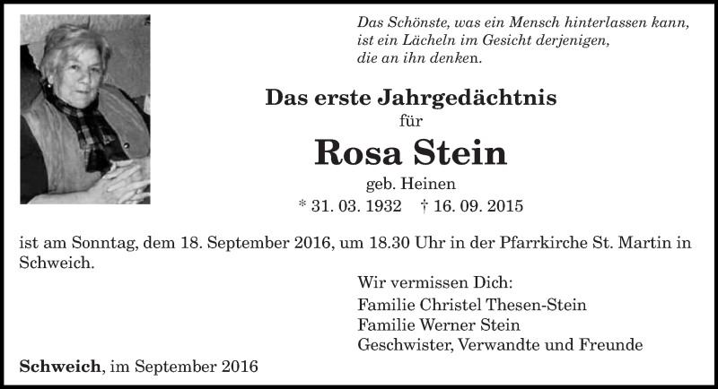 Traueranzeige für Rosa Stein vom 16.09.2016 aus trierischer_volksfreund