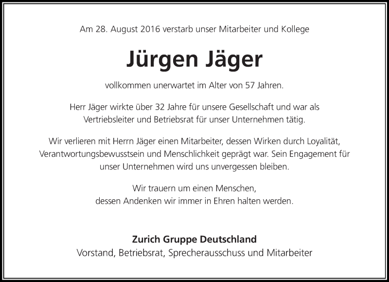  Traueranzeige für Jürgen Jäger vom 01.09.2016 aus trierischer_volksfreund