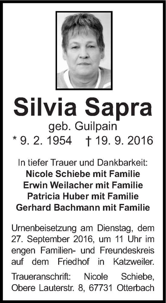  Traueranzeige für Silvia Sapra vom 26.09.2016 aus trierischer_volksfreund