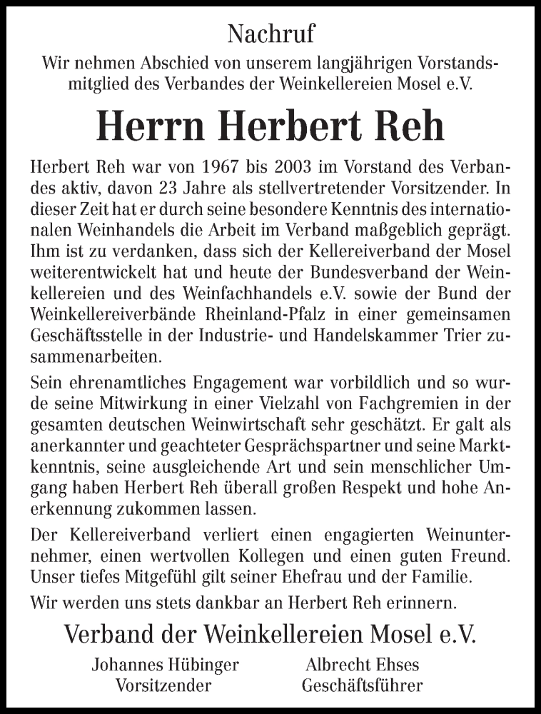  Traueranzeige für Herbert Reh vom 07.09.2016 aus trierischer_volksfreund