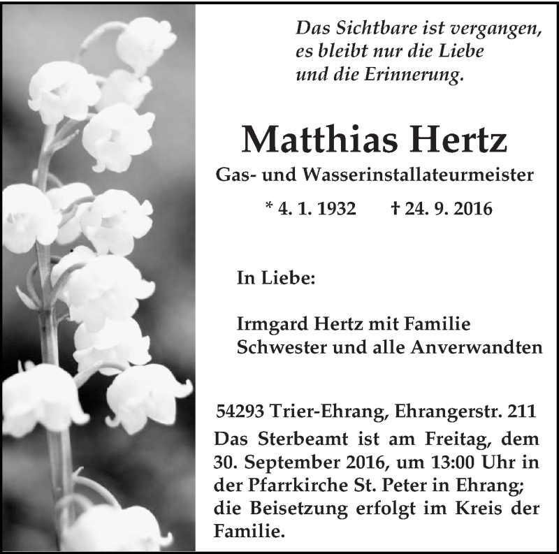  Traueranzeige für Matthias Hertz vom 27.09.2016 aus trierischer_volksfreund